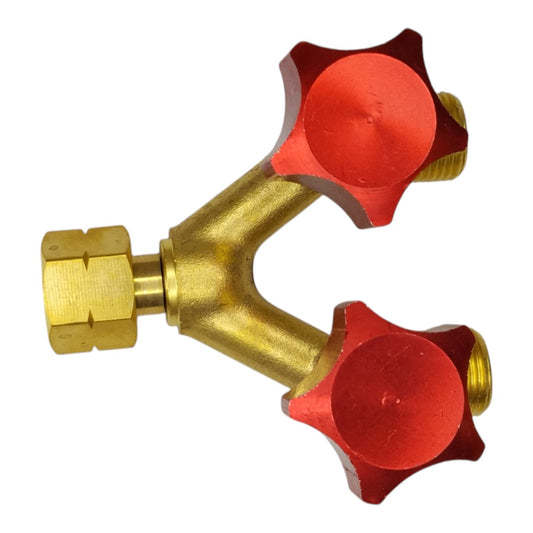 Acetylene and propane Y splitter with 3/8 inch BSP fittings for industrial gas systems