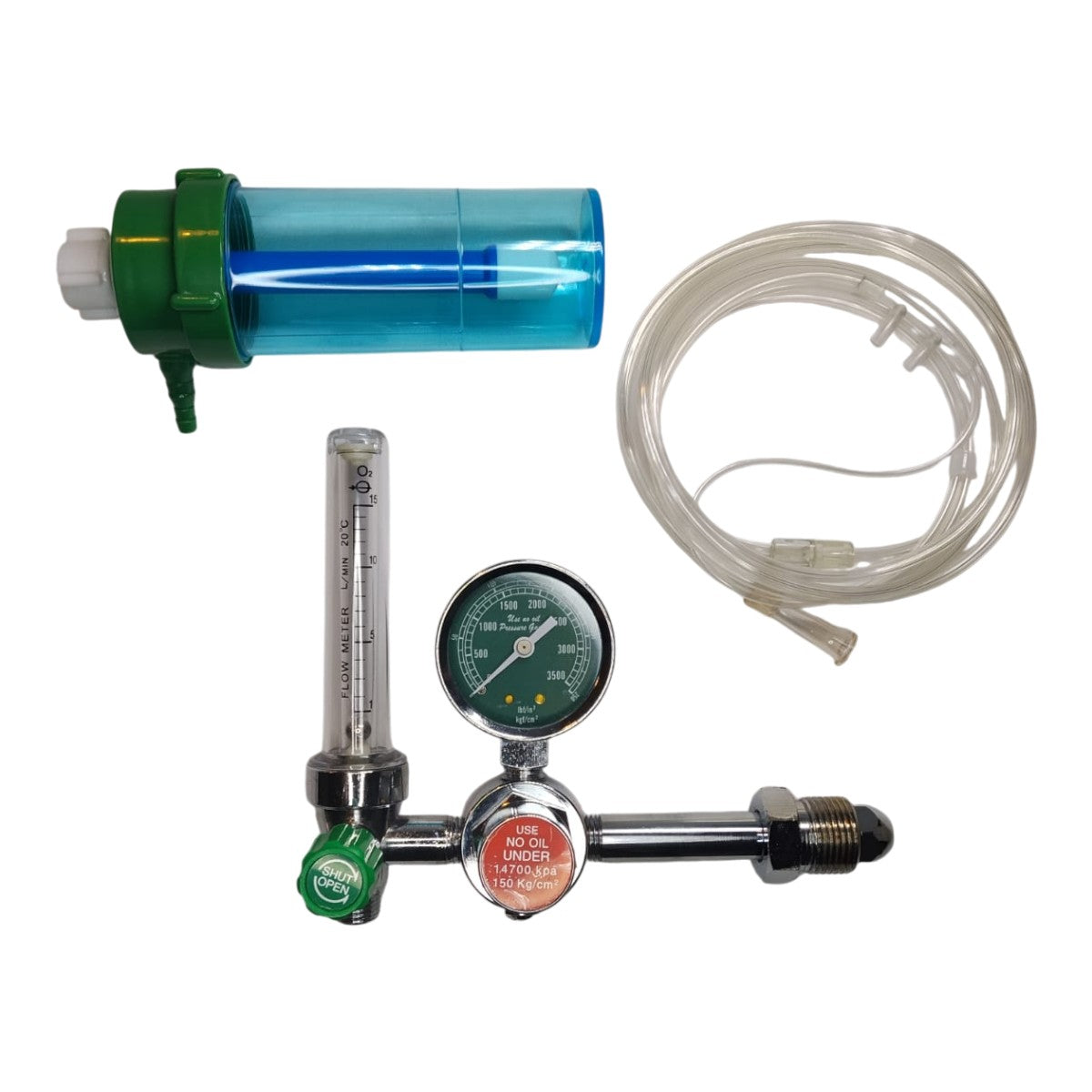 Medical Oxygen Flow Meter Kit with Bullnose Connection, Humidifier Bottle and Nasal Cannula