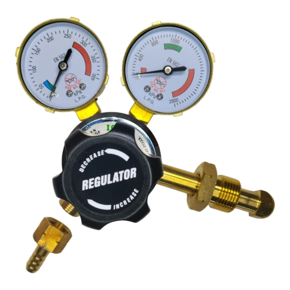 Heavy-duty LPG and propane dual gauge regulator with 8mm hose tail outlet. Ideal for workshops, furnaces, waterproofing, boiler making and PortaPack systems.